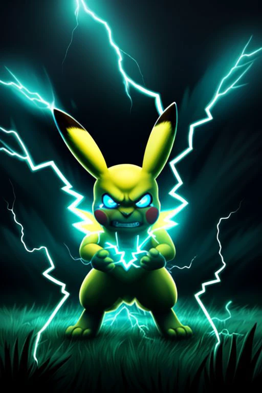 pikachu, angry, ((clenched teeth)), lightning, grass, empty eyes, blue sclera, ((glowing eyes)), dark theme, bent over, 3 fingers, yellow body, ((bioluminescence)), (((electricity manipulation))) furry