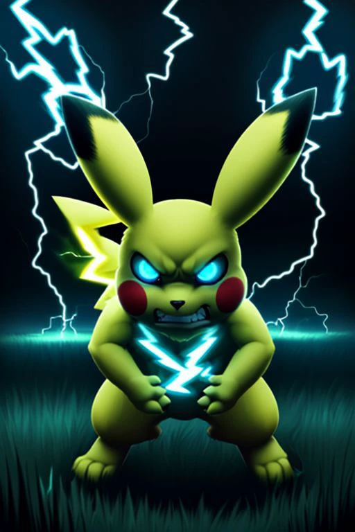 pikachu, angry, ((clenched teeth)), lightning, grass, empty eyes, blue sclera, ((glowing eyes)), dark theme, bent over, 3 fingers, yellow body, ((bioluminescence)), (((electricity manipulation))) furry