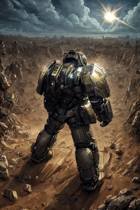 a painting of a giant robot standing in a desert area