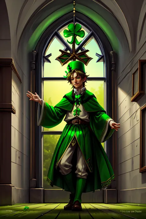 a painting of a man dressed in a green outfit and a green hat