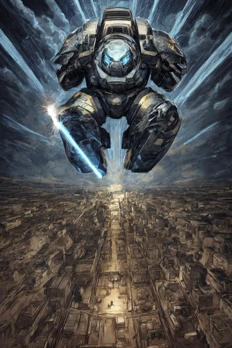 a painting of a giant robot flying over a city