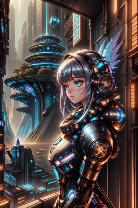 a woman in a futuristic suit stands in front of a futuristic city