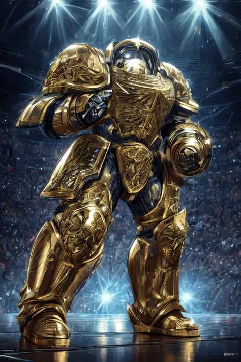 a gold statue of a giant robot standing on a stage