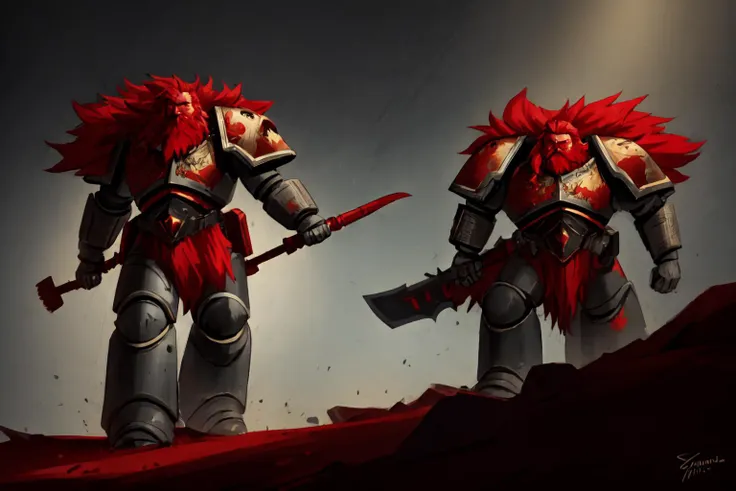 two warhammers with red hair and red hair holding swords