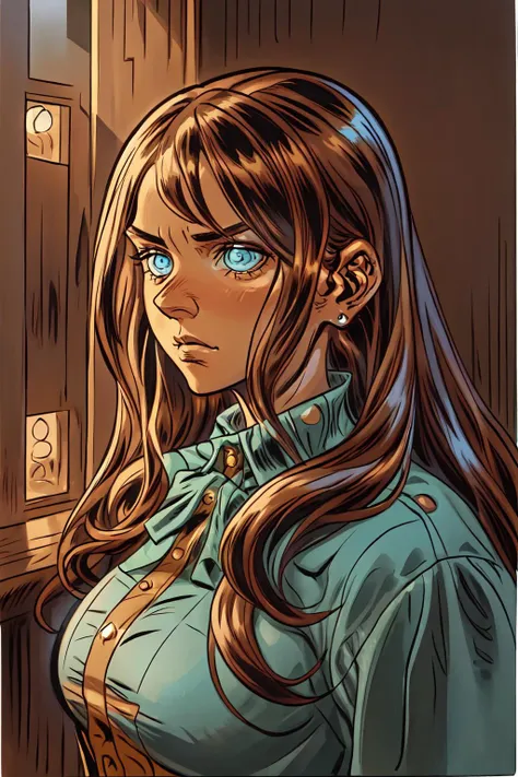 a woman with long hair and blue eyes standing in front of a door