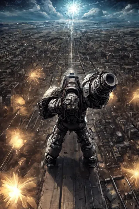 a poster of a giant robot with a gun in the middle of a city