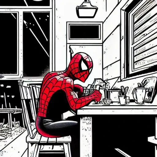 a Peter Parker sitting at his kitchen table looking exhausted after a long day Spidey512 anime512