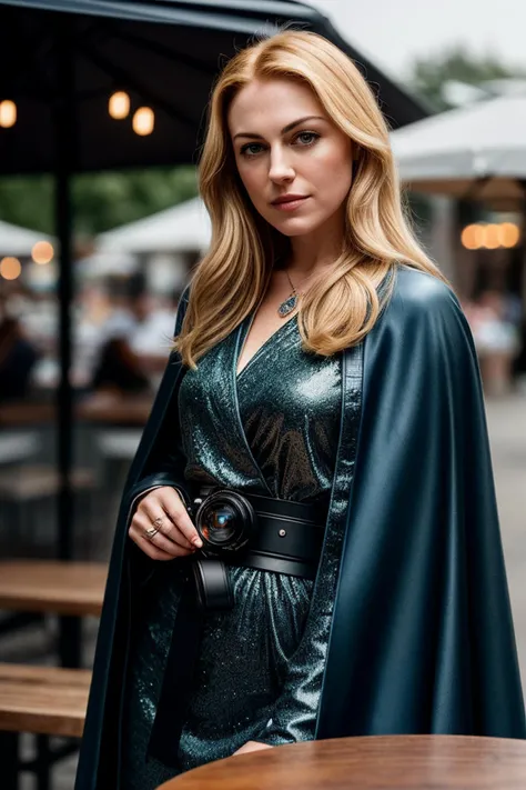 photo of beautiful (spr1b1s-125:0.99), a woman with perfect blonde hair, wearing Lightsaber Blue (cape:1.1),  (A sleek, modern outdoor food court, with a variety of gourmet food trucks and picnic tables:1.1), (closeup), modelshoot style, (extremely detaile...