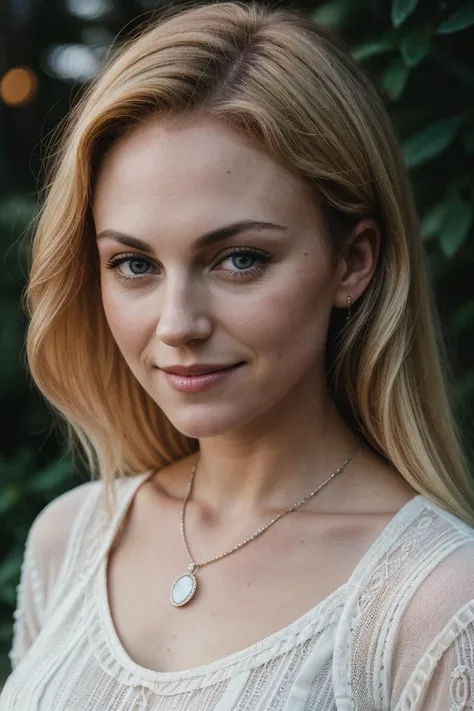 photo of (spr1b1s-125:0.99), a woman, perfect blonde hair, posing, (vintage photo, leotard), (closeup portrait), necklace, 24mm, (tintype), (analog, cinematic, film grain:1.3), ((plain Periwinkle, gradient)), ((detailed eyes)), smiling, (epicPhoto)