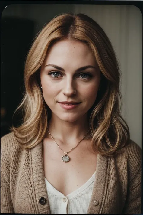 photo of (spr1b1s-125:0.99), a woman, perfect blonde hair, posing, (vintage photo, cardigan), (closeup portrait), necklace, 24mm, (tintype), (analog, cinematic, film grain:1.3), ((plain Whiskey Brown, gradient)), ((detailed eyes)), smiling, (epicPhoto)