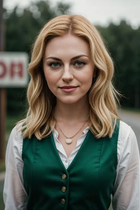 photo of (spr1b1s-125:0.99), a woman, perfect blonde hair, posing, (vintage photo, vest), (closeup portrait), necklace, 24mm, (tintype), (analog, cinematic, film grain:1.3), ((plain Road Sign Green, gradient)), ((detailed eyes)), smiling, (epicPhoto)