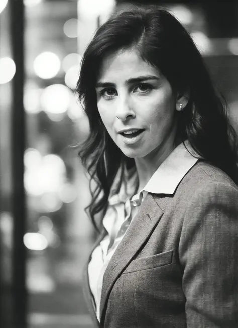 candid RAW close up portrait photo of sks woman in a (purple colored suit:1.0) on a dark street with shopping windows (at night:1.2), bokeh, Ilford Delta 3200 film, dof, high definition, detailed, intricate, flashlight, <lora:locon_sarah_v1_from_v1_64_32:1...