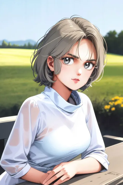 20thkitazumesolo, 1girl, looking at viewer, medium breasts, light grey hair, white clothes, beautiful detailed face, outdoors <lora:Kitazume_Hiroyuki_style_v01.08:1>