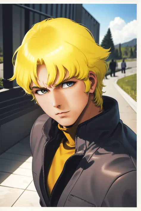 21thkitazume, solo, 1boy, male focus, looking at viewer, yellow hair, dark grey clothes, detailed face, outdoors <lora:Kitazume_Hiroyuki_style_v01.08:1>