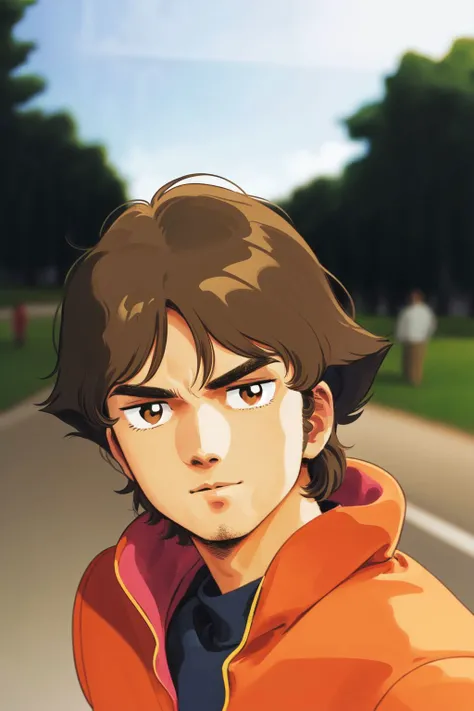 20thkitazume, solo, 1boy, male focus, looking at viewer, bronze hair, orange clothes, detailed face, outdoors <lora:Kitazume_Hiroyuki_style_v01.08:1>