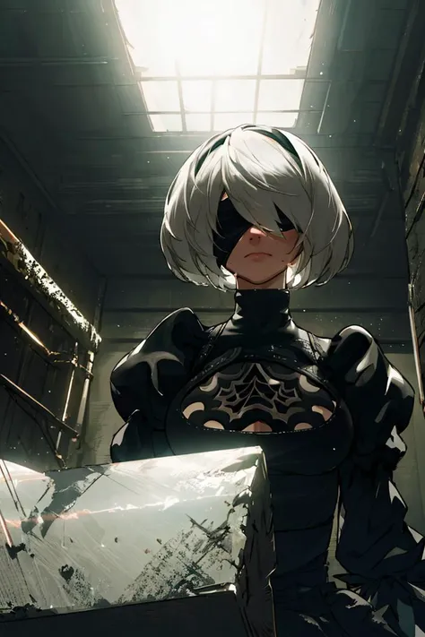 (8k, best quality, masterpiece:1.2),(ultra-detailed),(high quality:1.3),(high resolution),detailed hair,hard rim lighting,((dramatic lighting)),sharp focus,nsfw,
no blindfold, hair over one eye, yorha no. 2 type b, 1girl, solo, black dress, upper body, clo...