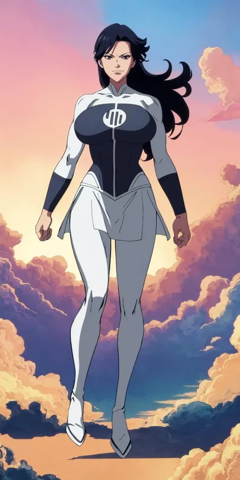 masterpiece, high quality, best quality, 1girl, solo, (muscular female:1.0), (super gigantic breasts:1.0), (closed mouth, half smile), anissa, long hair, black hair, bodysuit, pelvic curtain, boots, anime screencap, anime key visual, (fully clothed:1.0), f...