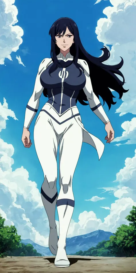 masterpiece, high quality, best quality, 1girl, solo, (muscular female:1.0), (super gigantic breasts:1.0), (closed mouth, half smile), anissa, long hair, black hair, bodysuit, pelvic curtain, boots, anime screencap, anime key visual, (fully clothed:1.0), f...