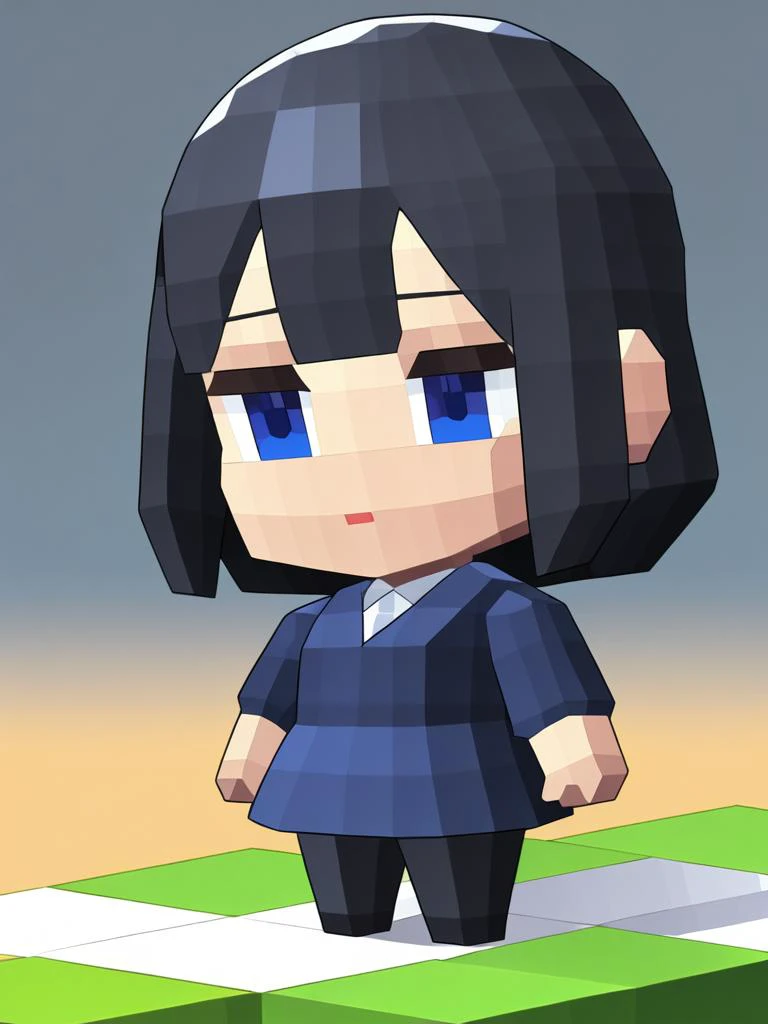 a cartoon girl with black hair and blue eyes standing on a green platform