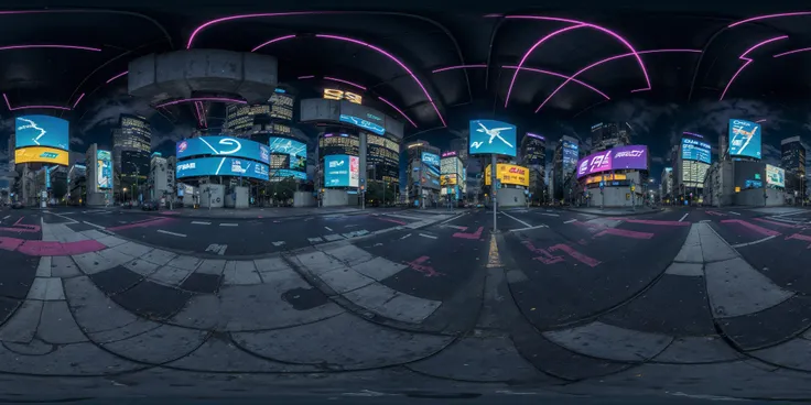 <lora:EQP_project:1> outdoor, sky, cyberpunk night city street, road, crosswalk, neon signs, tron, future, cell shading render, 4k, 360 degree, equirectangular, qxj,