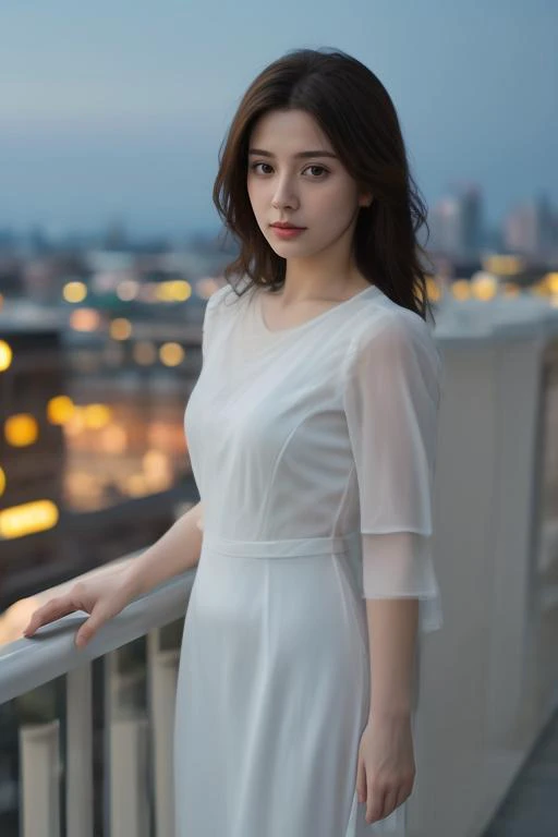 (masterpiece:1.21),(bestquality:1.21),8k,high detailed,ultra-detailed,photography,award winning,documentary,realistic,crystal clear,8K UHD,high detail,ultra-realistic,1girl,solo,Brilliant light,cinematic lighting,long_focus,women,standing on balcony,