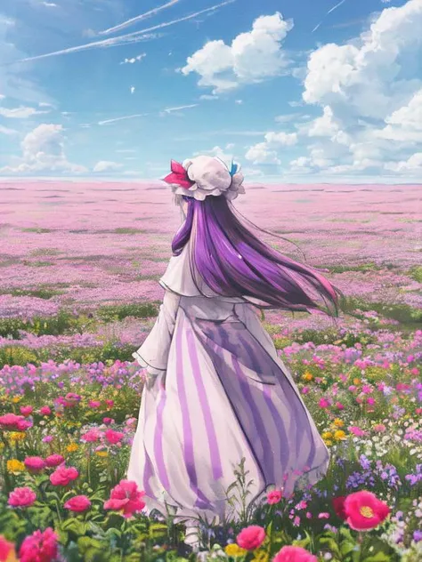 ((masterpiece:1.2, best quality, high_resolution, distinct_image)),  <lora:patchouliKnowledge_v10:1>, patchouli_knowledge,  <lora:chichiStyle_v10Fix:0.9>, walk on flower field