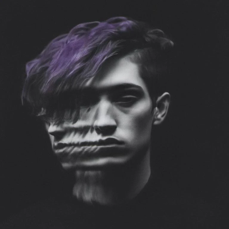 a close up of a person with a purple hair and a black background