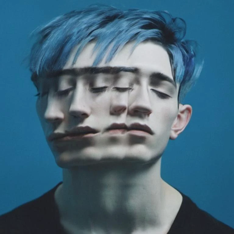 a close up of a person with blue hair and a black shirt