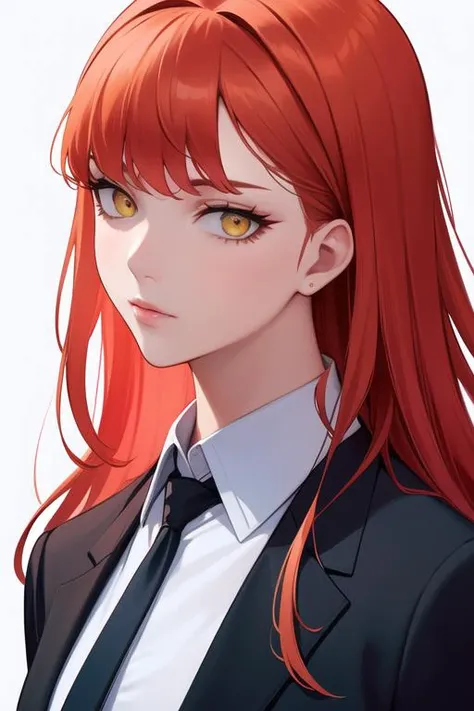 masterpiece, best quality, 1girl, black jacket, black necktie, collared shirt, formal, jacket, long hair, looking at viewer, necktie, yellow eyes, red hair, red theme, ringed eyes, shirt, simple background, solo, suit, white background, white shirt, closed...