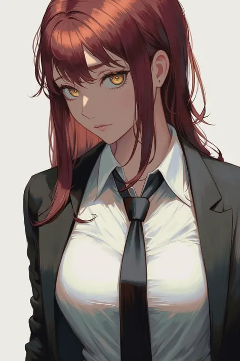 1girl, black jacket, black necktie, collared shirt, formal, jacket, long hair, looking at viewer, necktie, yellow eyes, red hair, red theme, ringed eyes, shirt, simple background, solo, suit, white background, white shirt, closed mouth, (masterpiece, excep...