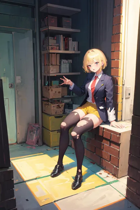 anime - style woman sitting on a ledge in a room with a bookcase