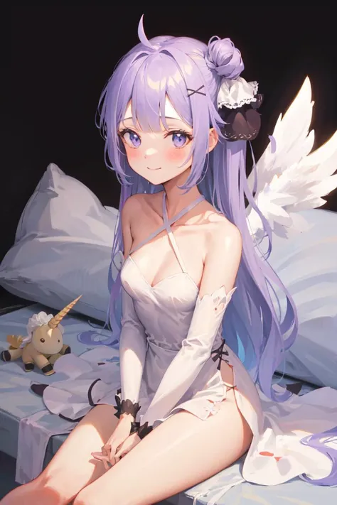 unicorn, 1girl, white dress, bow, solo, smile, stuffed winged unicorn, white background, stuffed toy, detached sleeves, sitting, stuffed animal, small breasts, collarbone, blush, bare shoulders, looking at viewer, closed mouth, simple background, hair ribb...