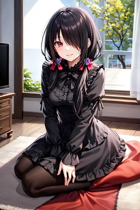 1girl, solo, kneeling, seiza, 
<lora:tokisaki_kurumi_v1:0.8>, cckurumi, long hair, low twintails, hair flower, hair over one eye, hair bow, gothic, black dress, ribbon, pantyhose, 
slippers, 
sitting, smile, looking at viewer, 
leaning forward, 
indoors, l...