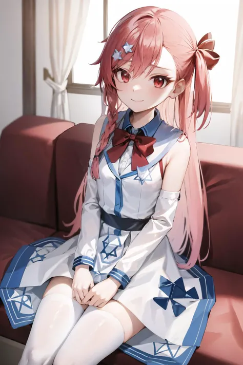 <lora:Negev:0.75>,  pink hair , red eyes, closed mouth, negev, long hair , blue clothes,white  clothes, dress, (star of david:1.1), smile,
(sitting:1.2),upper body, small breasts,detailed background, (arms behind back:1.2), chair,table, 
(high quality, hig...