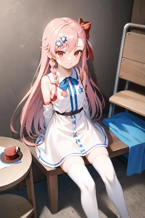 <lora:Negev:0.8>,  pink hair , red eyes, closed mouth, negev, long hair , blue clothes,white  clothes, dress, (star of david:1.2), smile,
(sitting:1.2),upper body, small breasts,detailed background, (arms behind back:1.2), chair,table, 
(high quality, high...