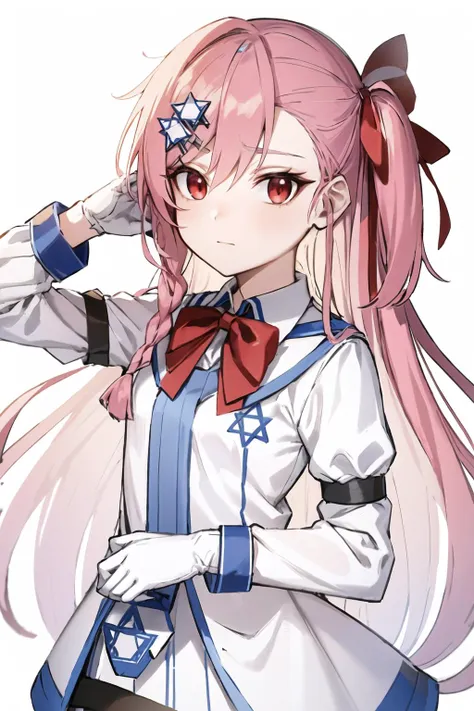 <lora:Negev:0.85>,  pink hair , red eyes, closed mouth, negev, long hair , blue clothes,white  clothes, dress, (star of david:1.1),
standing,upper body, small breasts, simple background, (white background:1.2),
(high quality, highres, best quality:1.2),  4...