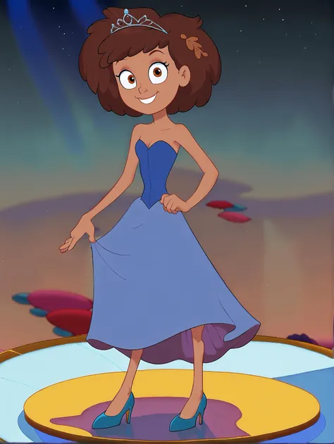 a cartoon girl in a blue dress and tiable standing on a circular surface