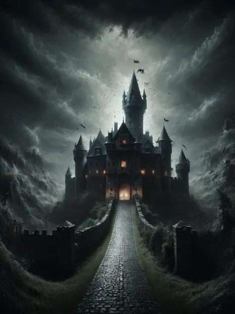 a dark castle with a dark sky and a path leading to it