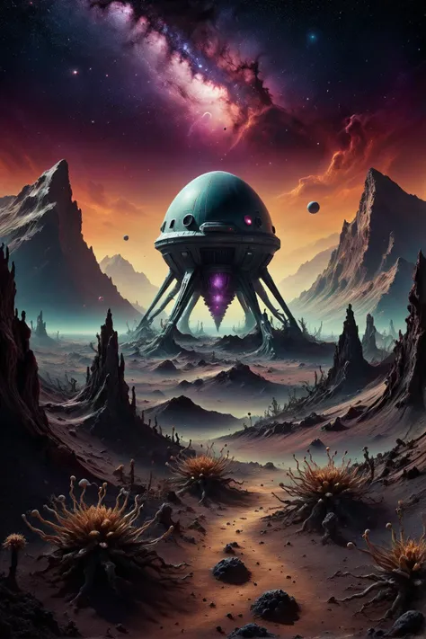 ais-darkpartz ghosts, An eerie scene on a distant, alien planet with bizarre flora and landscapes. At the crest of a rolling, otherworldly hill, a small, futuristic landing capsule has just touched down, its design sleek and advanced, yet clearly damaged f...