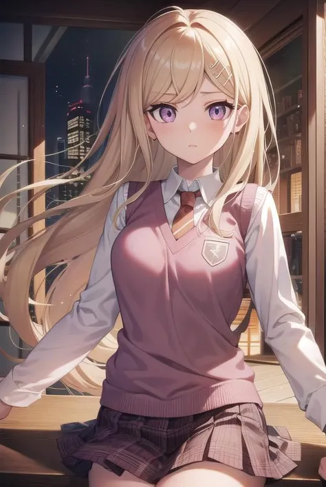 kaedeakamatsu, <lora:kaedeakamatsutest:1>, kaede akamatsu, ahoge, blonde hair, hair ornament, long hair, musical note, musical note hair ornament, (pink eyes:1.2),
BREAK hair ornament, necktie, pleated skirt, school uniform, skirt, sweater vest,,
BREAK out...