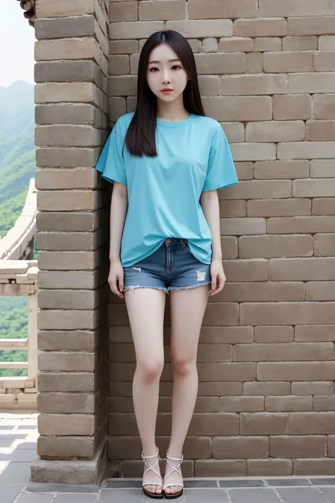 <lora:azndoll1.0_obj20:0.5>, full_body, standing, t-shirt, shorts, sandals, (great wall of china), (azndoll: 1.2), perfect face, (contact iris: 1.1), pale skin, skin pores , depth of field