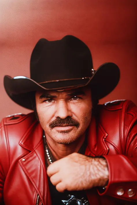 a close up of a man wearing a red leather jacket and a hat