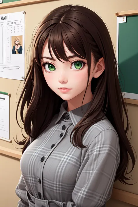 a woman with long brown hair and green eyes standing in front of a bulletin board