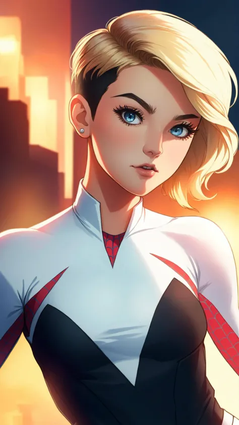 Spider-Gwen<lyco:artgerm_v2.1:0.75>((undercut blonde hair)) :1 1 9 4 6,by pauline haynes and jessica rossier | studio lighting bright ambient occlusion render ultra detailed!! beautiful face!!! trending on artstation made in unreal engine 5!!!!!!!!!!!!!!!!...