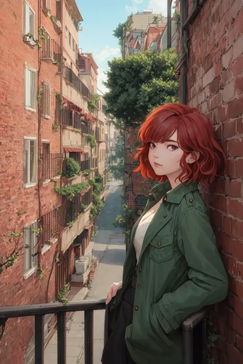 woman, short bangs, red hair, [thick eyebrows],
balcony, cityscape,
leaning against railing, looking away,
dirty brick wall with vines, fire escape,
green plants, green jacket,
tall tree,