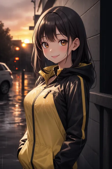 anime girl in yellow and black jacket standing in the rain