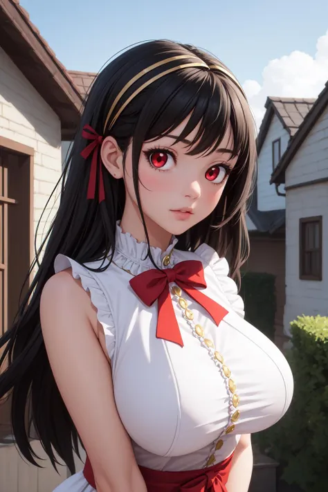 a woman with long black hair and red eyes posing in front of a house