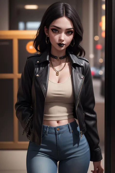 masterpiece, best quality, 8k, beautiful 22 yo female, goth, black lipstick, phone booth, black leather jacket, shirt, jeans, chain