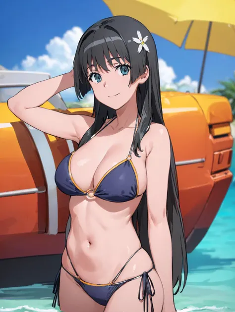 (best quality, masterpiece:1.2), ultra detailed, 1girl,   <lora:saten-toaru-01:0.9>, saten ruiko, black hair, long hair, hair ornament, large breasts,
light blue bikini, o-ring bikini, cleavage,
looking at viewer, smile, closed mouth, skinny, 
simple backg...