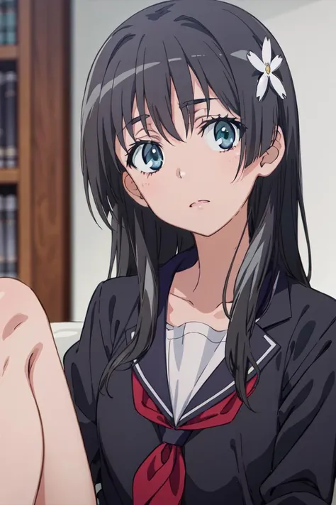 anime girl with long black hair and blue eyes sitting on a couch